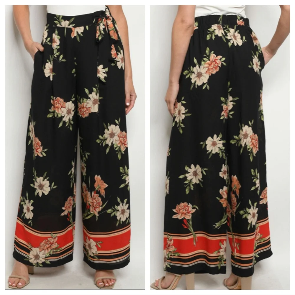 Black Floral Palazzo Wide Leg Pants - Picture 7 of 7